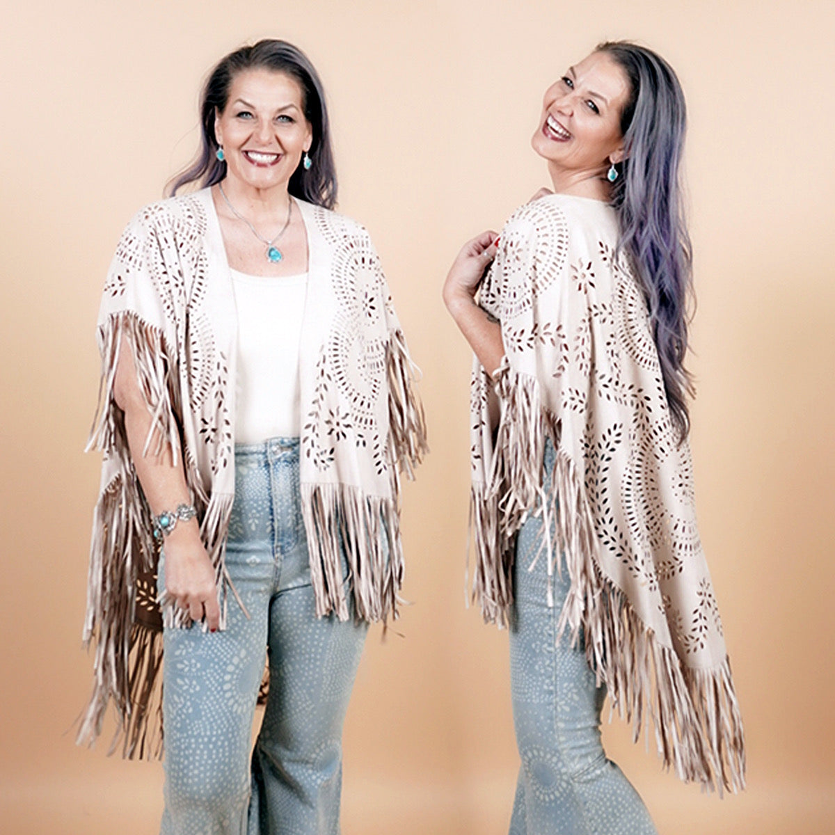 Faux Suede Fringe Poncho