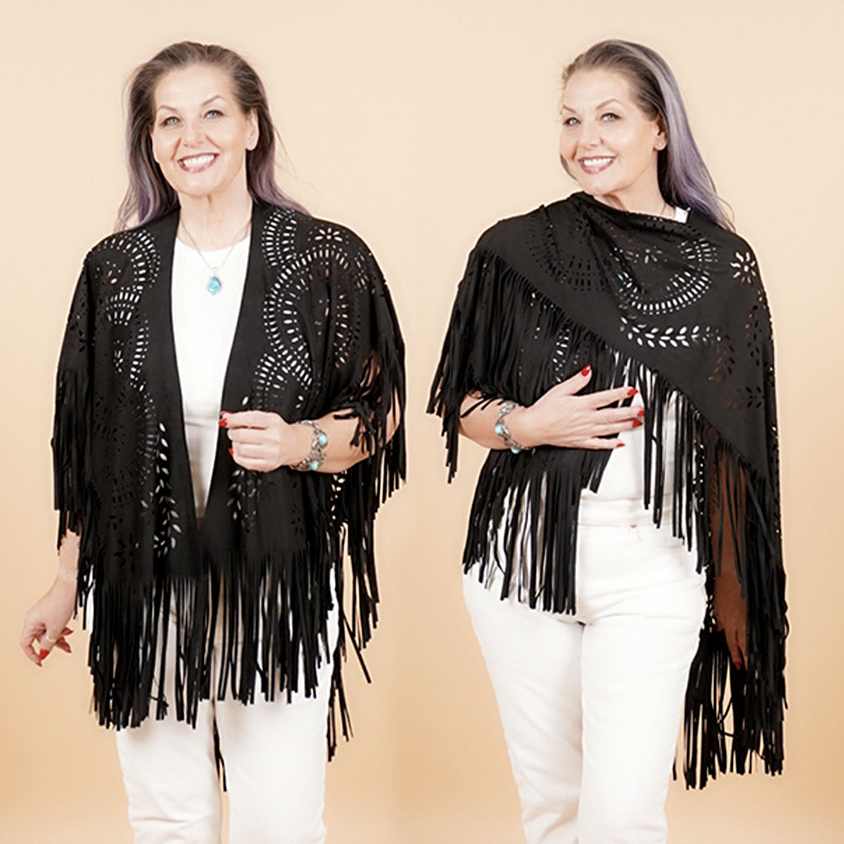 Faux Suede Fringe Poncho