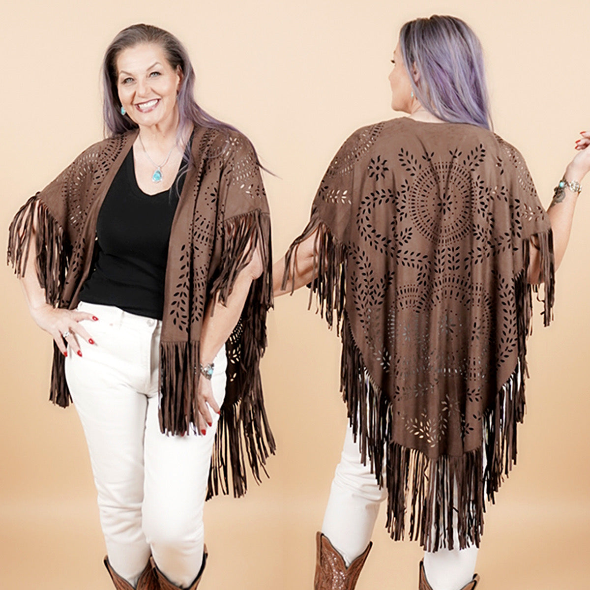 Faux Suede Fringe Poncho