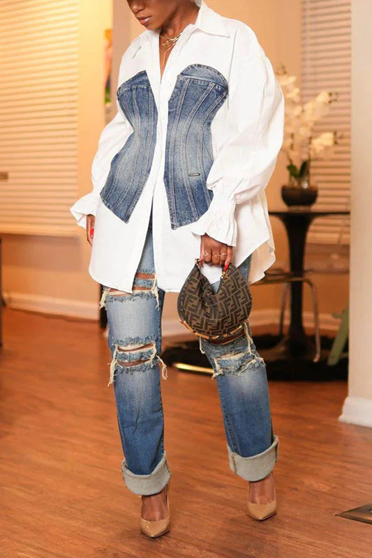 One Piece Denim & White Blouse