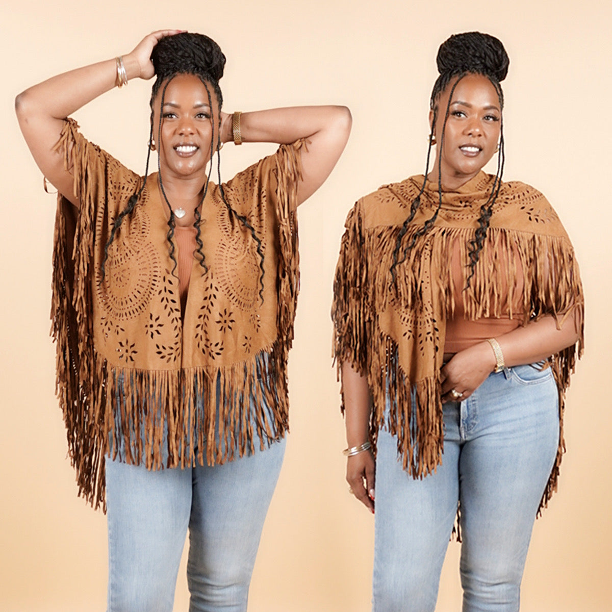 Faux Suede Fringe Poncho