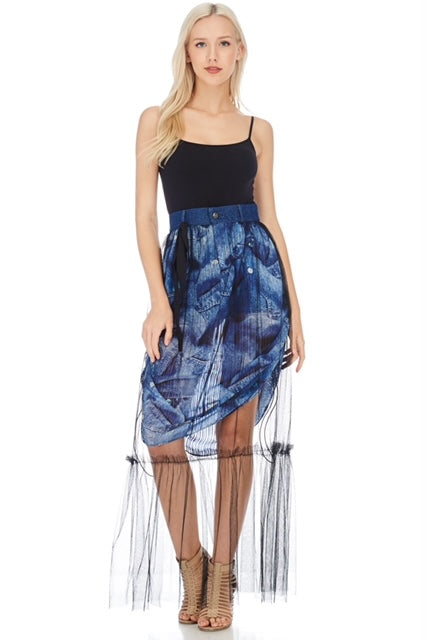 Chiffon Sheer Denim Maxi Skirt