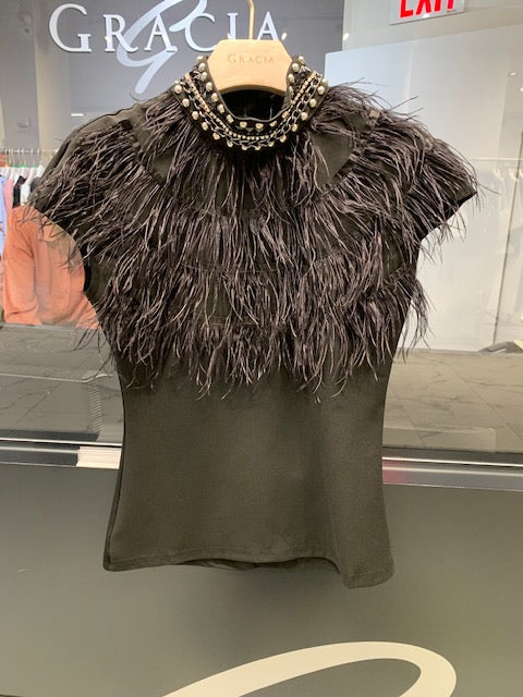 Designer Feathered Front Top with Attached Rhinestone Collar