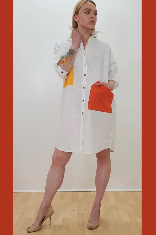Shirt dress with patch colored pocket
