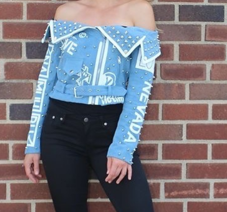 Denim Off the Shoulder Graffiti Jacket